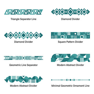 A collection of teal geometric dividers and decorative line separators featuring various abstract shapes like triangles and diamonds designed for professional graphic design layouts, creative digital 