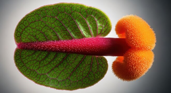 Detailed close-up of a botanical structure combining features of a leaf and a pistil, illustrating plant morphology, life, botany, morphology