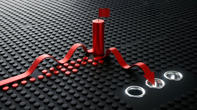 Red downward arrow falling chart with broken pieces on dark background showing business loss financial crisis market crash economic decline failure stock decrease recession
