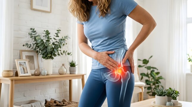 Young woman suffering from hip pain holding lower back showing painful red highlight area at home indicating arthritis joint problem muscle ache health issue medical condition