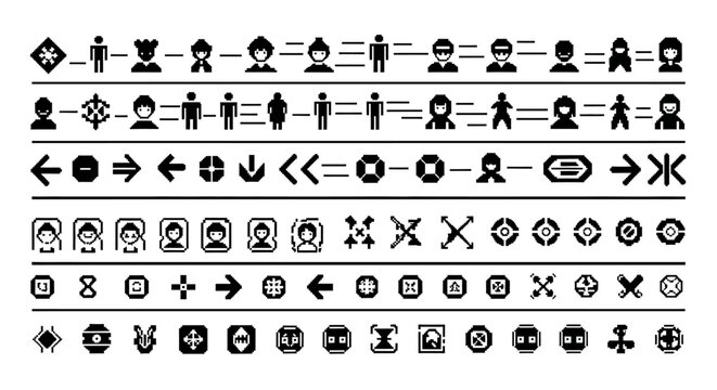 Black and white 8 bit pixel game interface icons