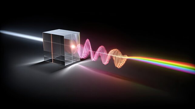Light beam splits into rainbow spectrum by clear prism