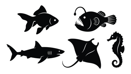 Collection of marine life silhouettes including fish shark seahorse and anglerfish silhouette high quality professional detailed modern elegant stylish © Asadul