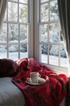 Fenstersitz mit roter Karodecke, Tasse hei&szlig;em Kakao und Blick auf verschneiten Garten