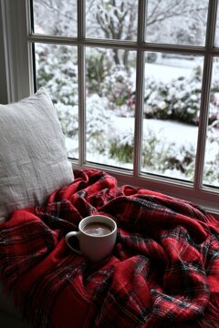 Fenstersitz mit roter Karodecke, Tasse hei&szlig;em Kakao und Blick auf verschneiten Garten