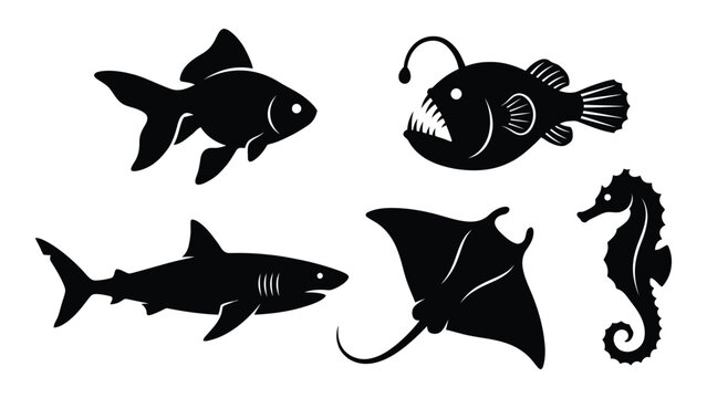 Collection of marine life silhouettes including fish shark seahorse and anglerfish silhouette high quality professional detailed modern elegant stylish