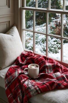 Fenstersitz mit roter Karodecke, Tasse hei&szlig;em Kakao und Blick auf verschneiten Garten