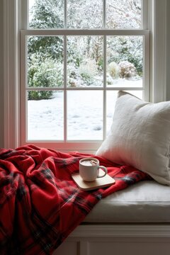 Fenstersitz mit roter Karodecke, Tasse hei&szlig;em Kakao und Blick auf verschneiten Garten