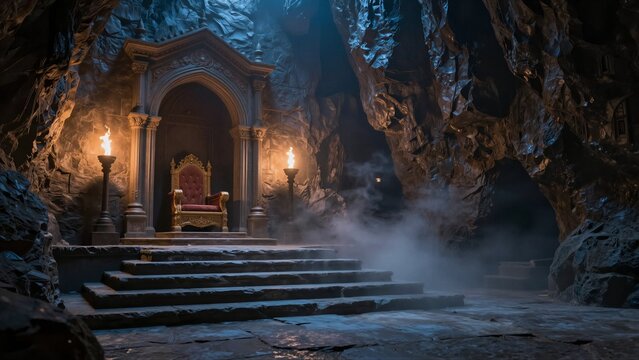 A dark cavernous hall with a regal throne at the end of steps, illuminated by red torchlight and misty atmosphere.