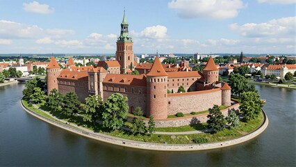 Obraz premium Aerial view of Wawel Castle on a river island, surrounded by greenery and the Vistula River.