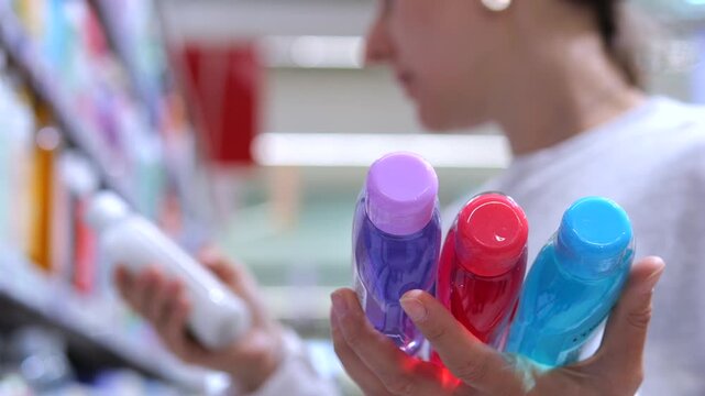 Young woman in a supermarket aisle holding three colorful shampoo bottles while comparing them with another product on the shelf, trying to make the best choice for her hair care routine