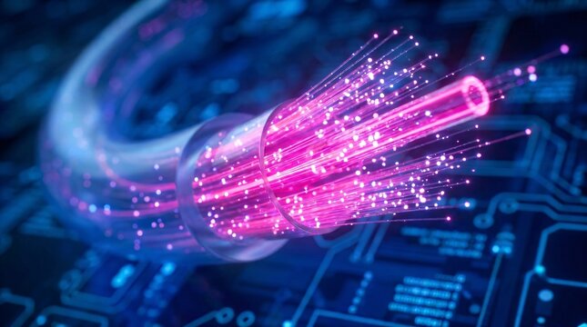 Glowing fiber optic cable transmits data at light speed, emitting brilliant neon pink light amidst sparkling particles in a tech setting.