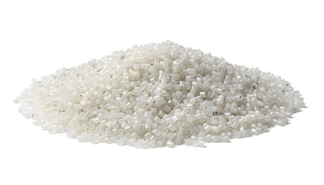 Plastic Manufacturing Pellets Close-Up Industrial Texture on White Background