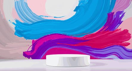 A white podium stands on a reflective surface against a backdrop of vibrant, abstract paint strokes in blue, pink, and purple. © Zaenal