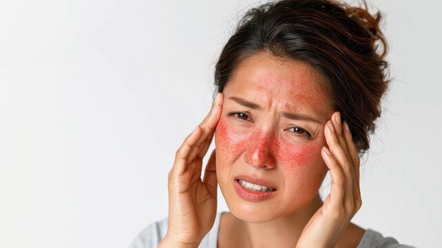 Woman experiencing painful malar rash, a common symptom of autoimmune conditions like lupus, showing skin redness and inflammation causing discomfort and stress