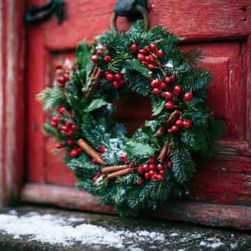 Weihnachtskranz aus Tanne, Stechpalme und Zimtstangen an einer rustikalen roten T&uuml;r