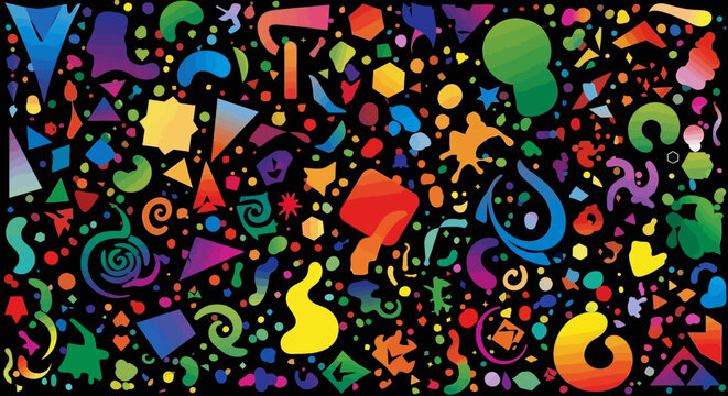 Colorful abstract geometric shapes scattered on black background