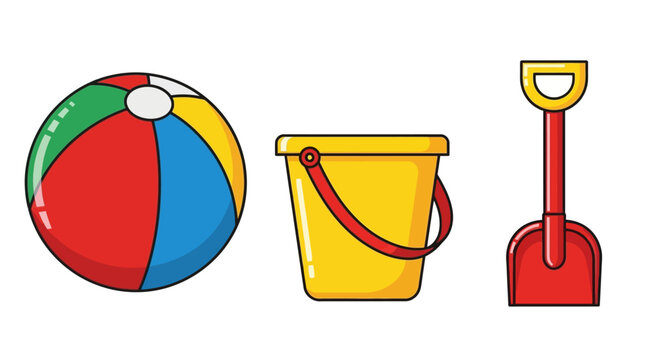 Colorful beach ball yellow bucket and red shovel icons
