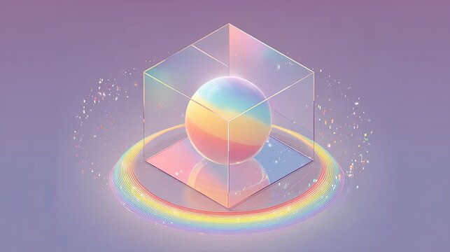 Abstract sphere with rainbow refraction within a glass cube
