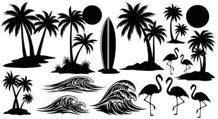 Obraz premium Tropical Paradise Silhouette Collection: Palm Trees, Surfboard, Flamingos, Waves