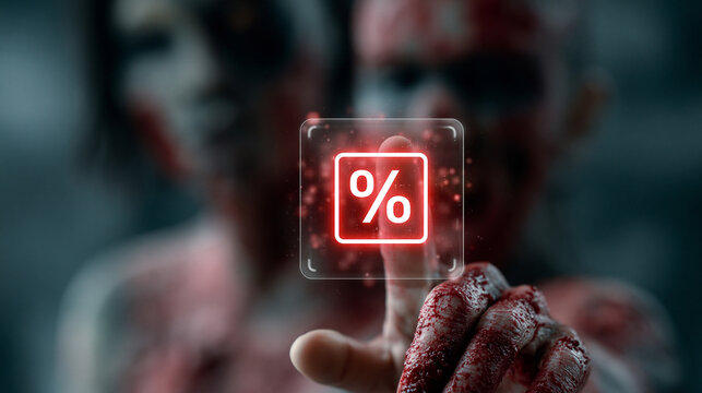 Bloody zombie hand pointing at glowing red neon percentage sign button, scary discount and horror sale concept