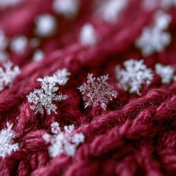 Makroaufnahme von Schneeflocken auf einem roten Wollpullover mit filigranen Eiskristallen