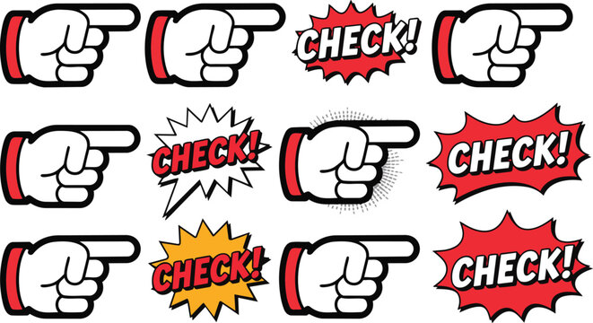 Pointing Hand Check Sticker Icon Set Vector Collection