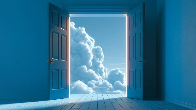 Open door in a blue room opening to a bright sky of fluffy clouds, symbolizing freedom, new beginnings, imagination and a hopeful gateway to future possibilities and growth
