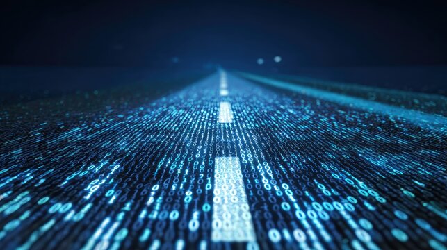 Digital highway with glowing binary code illuminated by white lines