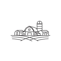Fototapeta premium Countryside farm landscape icon featuring barn houses and silo with cultivated agricultural fields.
