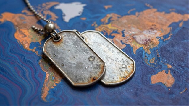 Rusty military dog tags rest on an artistic world map with iridescent colors, symbolizing sacrifice and the fragile nature of peace in times of global conflict.