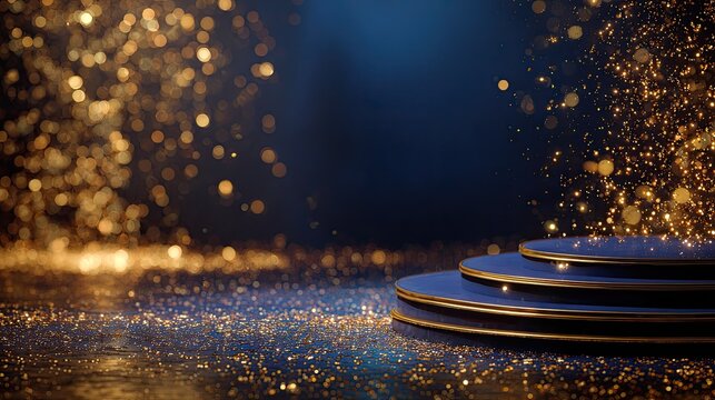 Elegant blue tiered platform with golden shimmering particles