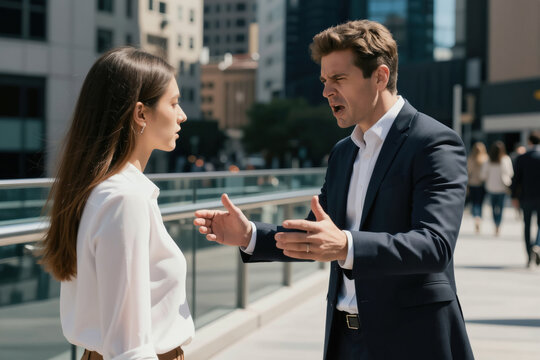Man in suit yells at woman outside office buildings. Business conflict or argument occurs between coworkers on street. Aggressive man gestures wildly during dispute.