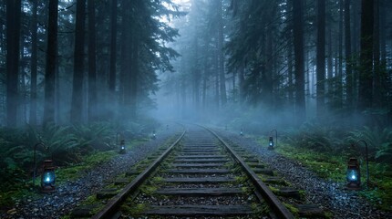 Obraz premium Mystical foggy railway tracks curve into a dense pine forest, surrounded by atmospheric morning mist and small glowing blue lantern lights.