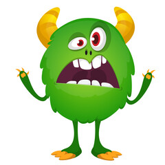 Fototapeta premium Cartoon scary monster with funny face expression waving hands . Vector illustration isolated on white. Halloween design