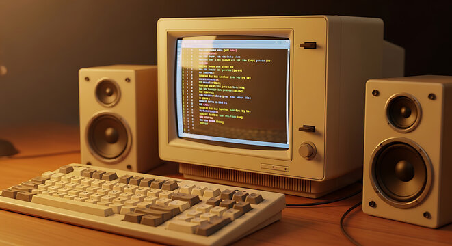 Vintage 1980s Desktop Computer with CRT Monitor and Speakers
