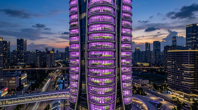 Vertical farm skyscraper at dusk sustainable urban agriculture concept