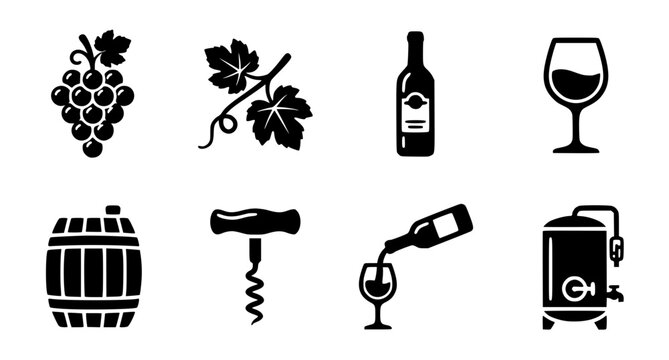 Simple wine production and consumption glyph icon set vector winery symbols isolated on white background