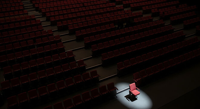 Spotlight on a lone red chair in a dark, empty theater with rows of seats