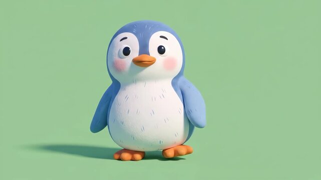 Cartoon penguin waving hand on green background animation