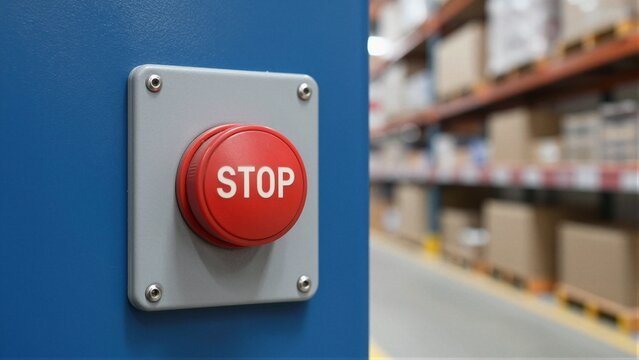Close-up of a red emergency stop button on a blue wall in an industrial warehouse setting with soft focus background.