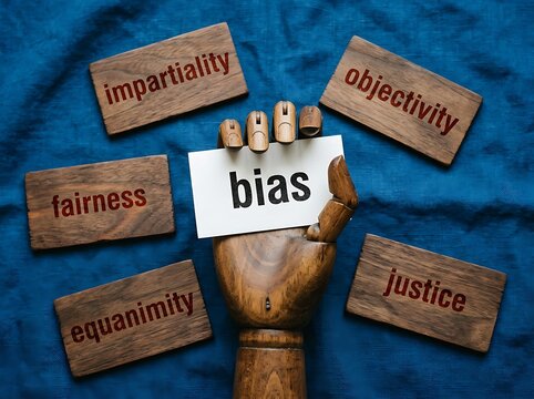 Wooden hand holding 'bias' card surrounded by words: impartiality objectivity
