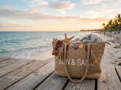 Beach bag filled with summer essentials on a wooden pier by the ocean, vacation