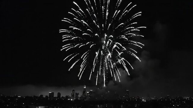 Black and White Firework Display Over Cityscape at Night with Explosions and Smoke in the Sky