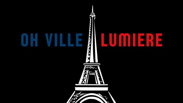 Graphic illustration of the Eiffel Tower with 'OH VILLE LUMIERE' text in blue and red on a black background