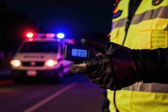 Police officer holds breathalyzer on roadside at night. Patrol car with flashing blue red lights in background. Driver on alcohol test for safety.