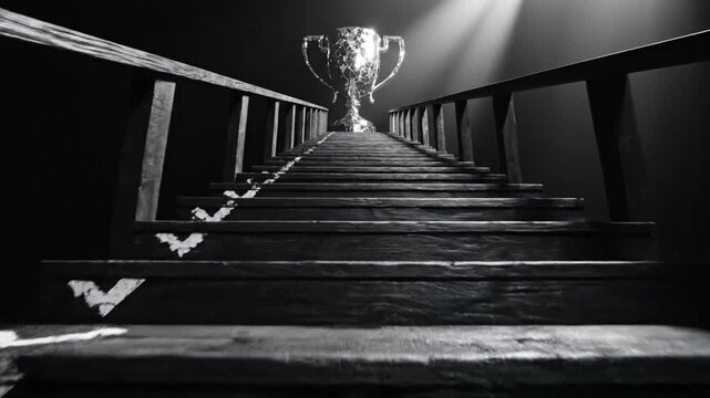 Black and white shot of a stairway to success with a trophy at the top representing achievement and goal accomplishment