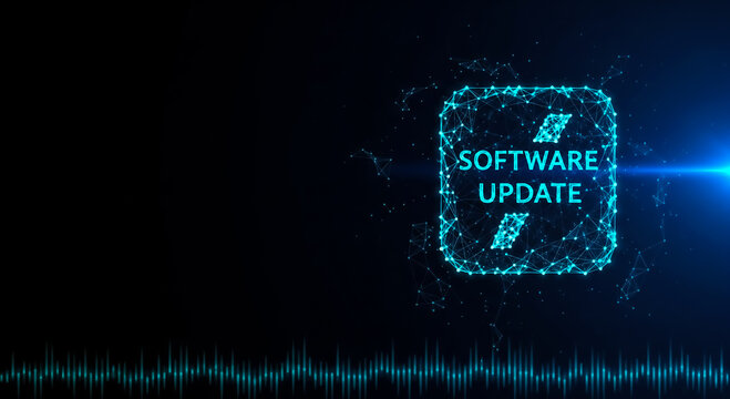 Modern digital illustration of a software update concept with a glowing blue square and abstract waves on a dark background.
