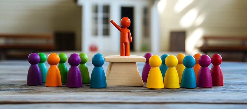 Wooden figurines representing a leader standing on a podium addressing a crowd of colorful people figures in front of a model house concept