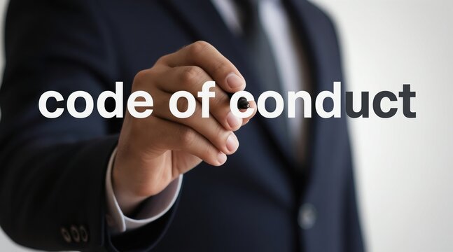 Man in suit writes code of conduct on screen. Pro defines company rules for ethical business and employee behavior. Corporate policy guidance for workplace.